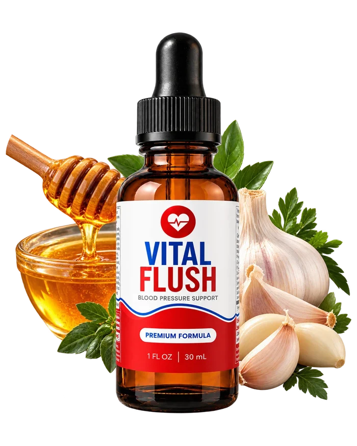VitalFlush amber dropper bottle with honey and garlic
